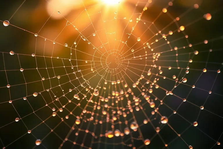 Gotas de rocío en telaraña al amanecer