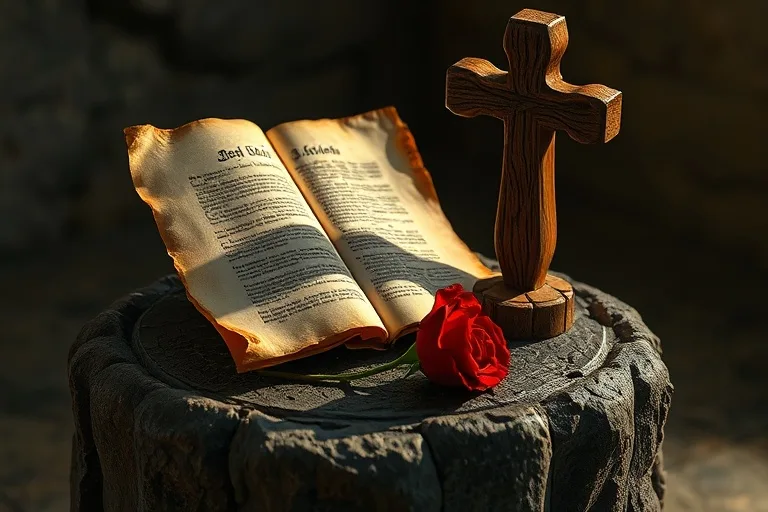 Bodegón cinematográfico de un pergamino antiguo con escritura latina, una cruz de madera rústica y una rosa roja sobre piedra, iluminado por una luz cálida.