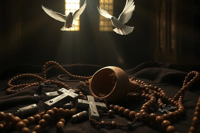 Pintura al óleo de una lámpara de aceite de arcilla rota y apagada, rodeada de cuentas de rosario esparcidas sobre tela oscura. Una paloma translúcida asciende hacia una luz brillante en el fondo.