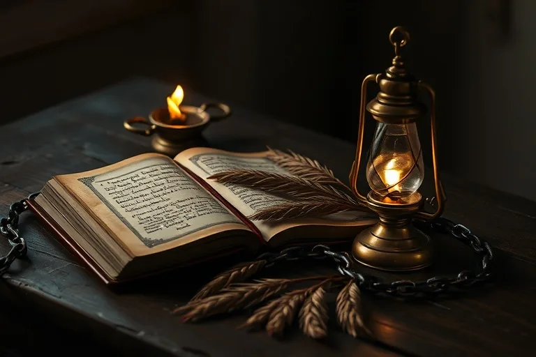 Libros antiguos y lámpara de aceite sobre mesa de madera, con ramas de palma y cadena oxidada, simbolizando la persecución y el conocimiento.
