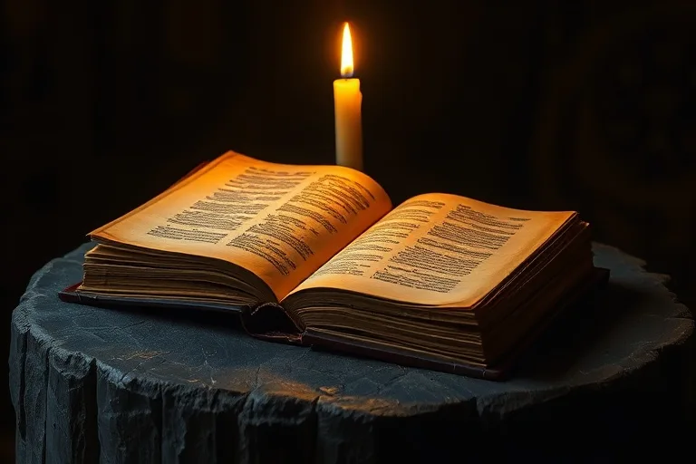 Una Biblia antigua de cuero abierta con páginas iluminadas por una vela, simbolizando la fe y el conocimiento en tiempos de oscuridad y persecución.