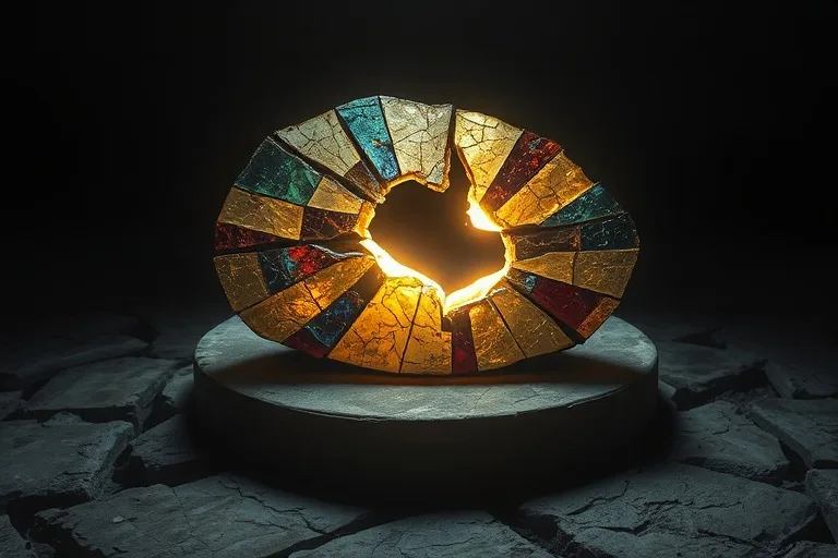 Un vitral roto en el suelo de piedra, con un fragmento central que emite una luz suave y resiliente, simbolizando la fe perdurable a pesar de la adversidad.
