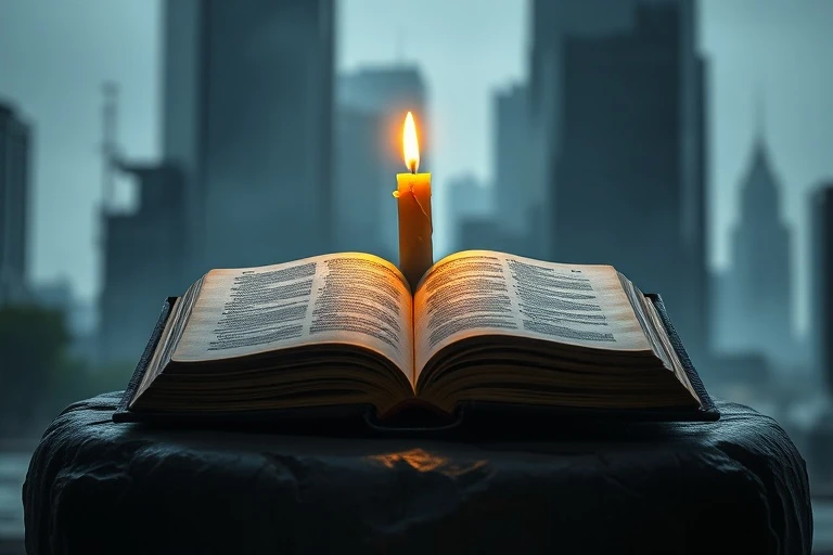 Una Biblia abierta y desgastada sobre una mesa de madera rústica, iluminada por la luz cálida de una vela, con formas abstractas y borrosas de edificios modernos en el fondo.