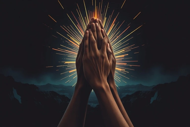 Manos estilizadas y entrelazadas de diversas tonalidades de piel, en posición de oración, emergiendo de un paisaje oscuro y fracturado. Líneas abstractas y brillantes irradian de las manos, simbolizando la energía espiritual y la unidad.