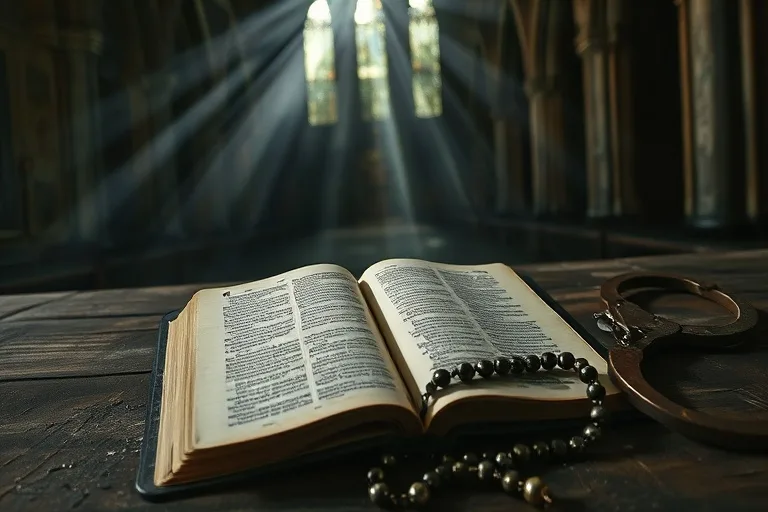 Biblia abierta y desgastada, rosario roto, esposas oxidadas sobre mesa de madera