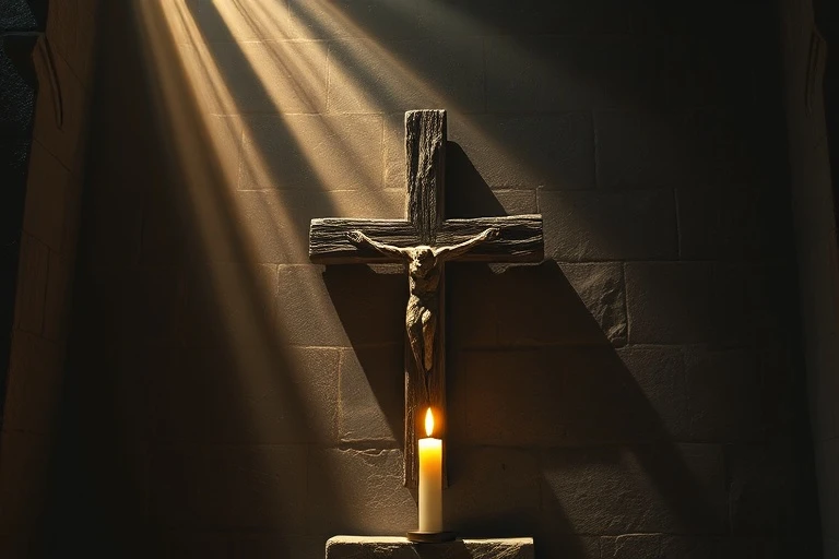 Vela parpadeante iluminando una cruz de madera en una pared de piedra, atmósfera de esperanza