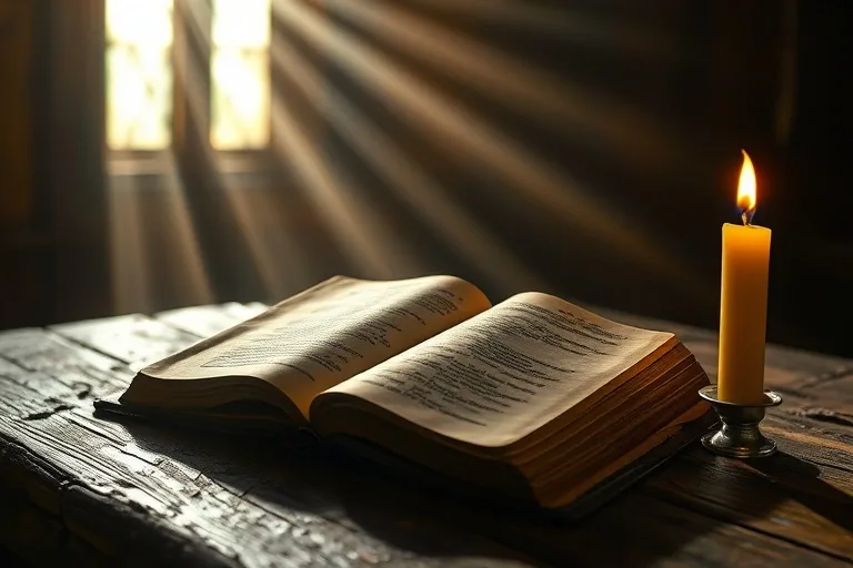 Antigua Biblia abierta con páginas amarillentas y una vela encendida, sobre una mesa de madera rústica.