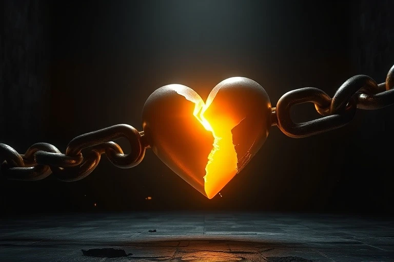 Ilustración 3D de una cadena rota, con un extremo anclado a un corazón brillante, simbolizando la resiliencia espiritual.