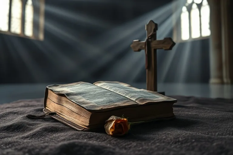 Fotografía de naturaleza muerta de una Biblia desgastada, una cruz de madera tallada y una rosa seca sobre una tela oscura en una habitación con poca luz.