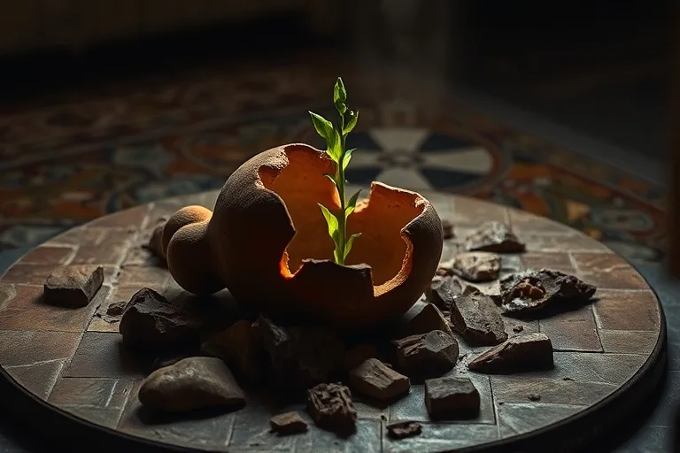 Una ánfora romana rota con fragmentos esparcidos en un mosaico, de la que brota un tallo verde hacia una luz tenue, simbolizando el renacimiento.