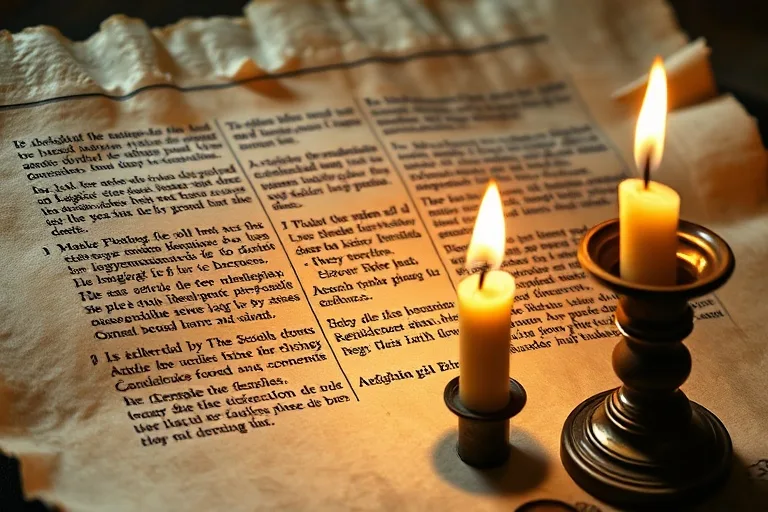 Antiguo pergamino con escritura griega y una vela encendida, simbolizando la preservación de la fe.