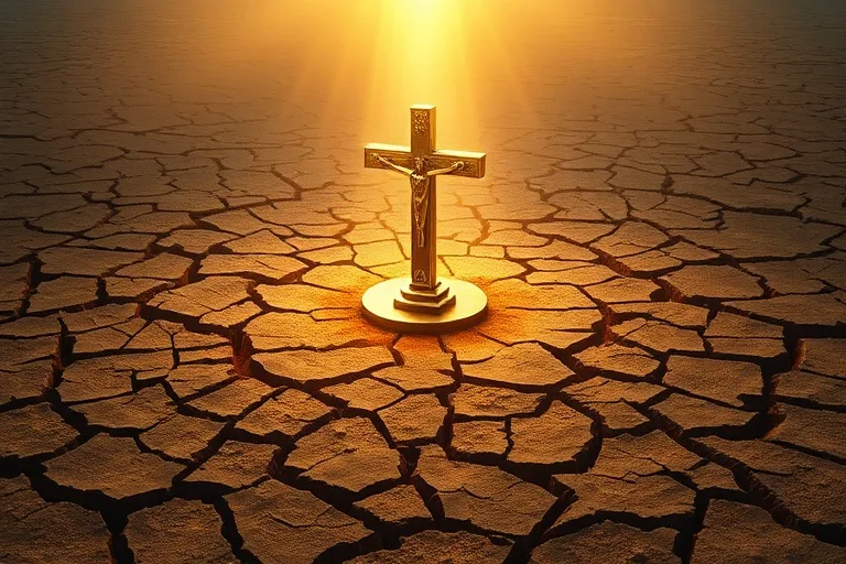 Arte conceptual de una cruz dorada emergiendo de tierra agrietada bajo una luz etérea, simbolizando la resiliencia de la fe y el renacimiento espiritual frente a la adversidad.