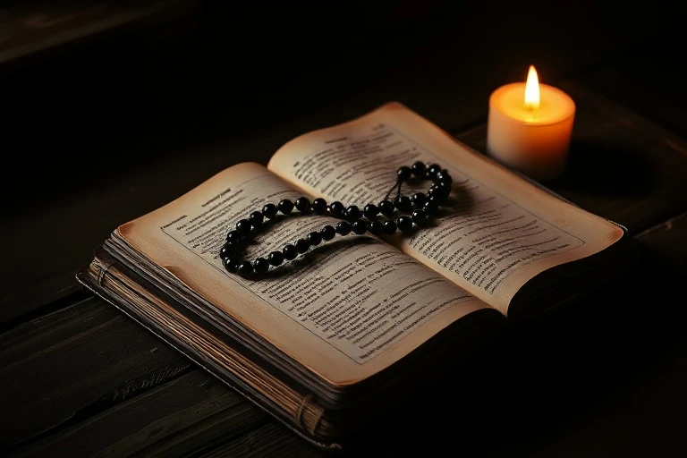 Una Biblia antigua y un rosario sobre una mesa de madera, iluminados por una vela, simbolizando la devoción en tiempos oscuros.
