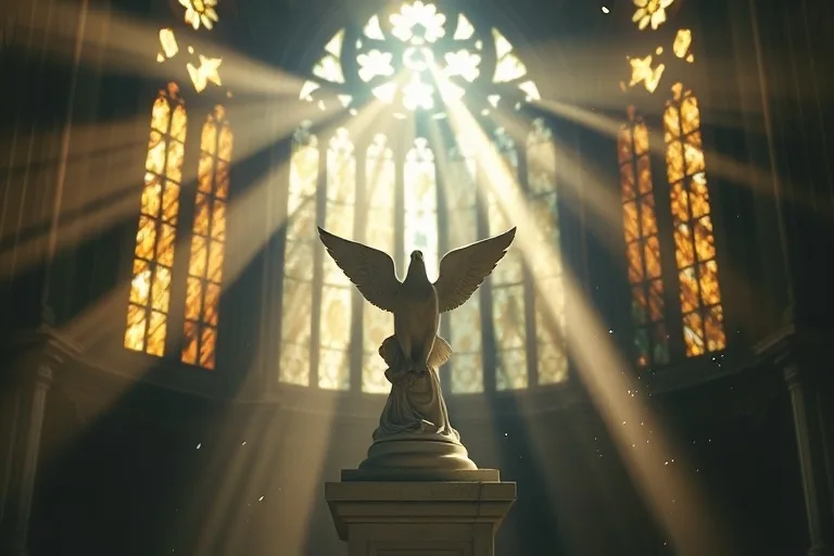 Ventana de vitral rota, con luz penetrando e iluminando una figura de paloma de mármol, simbolizando esperanza y sacrificio.