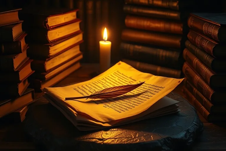 Una pluma antigua y un pergamino iluminado por una vela sobre un escritorio de madera, rodeado de libros teológicos antiguos.