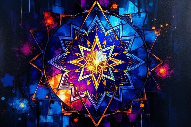 Arte de vitral que representa patrones abstractos de luz y sombra, con diseños geométricos intrincados en tonos azules, morados y dorados, simbolizando la revelación divina.