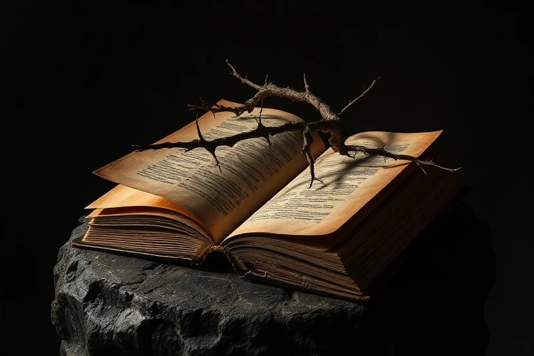 Libro antiguo y rama espinosa, símbolo de la sabiduría y el sufrimiento en la purificación espiritual
