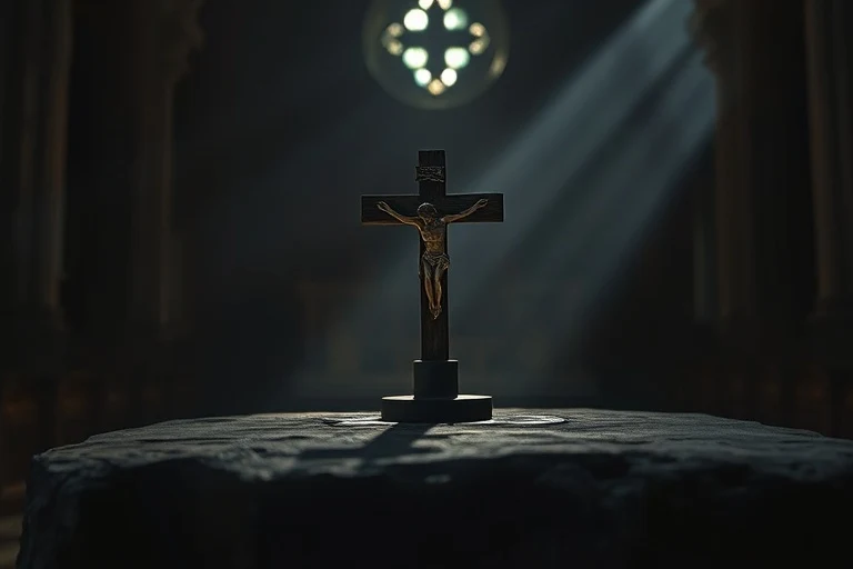 Crucifijo de madera antigua sobre un altar de piedra oscura, iluminado por la luz tenue de una vela solitaria, simbolizando la fe en la adversidad y la purificación espiritual.