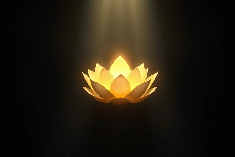 Ilustración digital 3D de una flor de loto brillante emergiendo de un abismo oscuro, simbolizando la transformación del alma y el surgimiento de la luz espiritual tras un período de purificación.