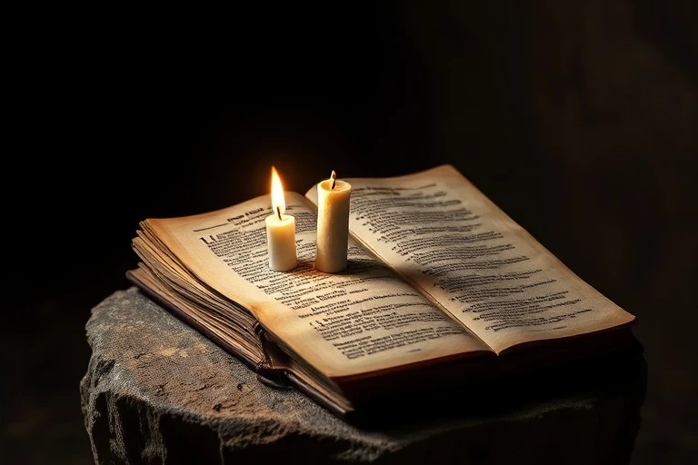 Una vela solitaria, casi consumida, sobre un libro antiguo abierto, con sombras profundas proyectándose en un entorno austero, simbolizando la introspección y la purificación espiritual.
