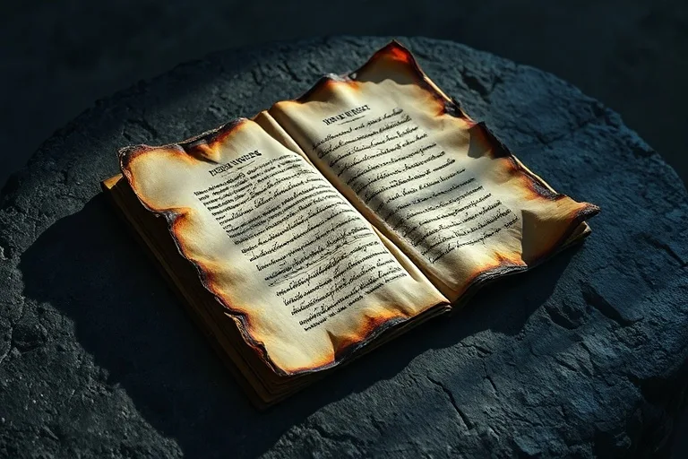 Una partitura antigua, parcialmente quemada y desgastada, sobre una superficie de piedra fría, iluminada por una luz tenue que evoca un sentido de legado espiritual y la transitoriedad de las formas terrenales.