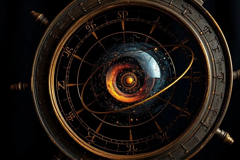 Renderizado 3D de una esfera armilar antigua, con estrellas y constelaciones, representando el enigma de la influencia cósmica.