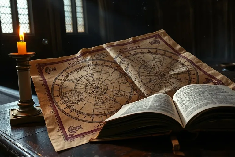 Una antigua carta astronómica iluminada por una vela, con símbolos astrológicos y un libro abierto, evocando misterio y conocimiento antiguo.