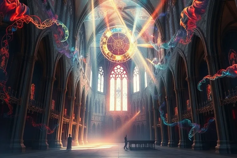 Pintura abstracta de remolinos cósmicos y nebulosas con símbolos astrológicos sutiles, representando la influencia celestial y el destino.