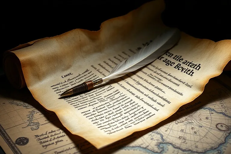 Fotografía macro de un pergamino antiguo con una pluma de ave sobre un mapa desgastado del siglo XVI, iluminado por una luz dramática.