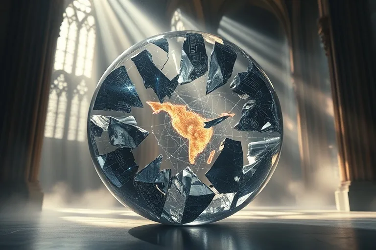 Renderizado 3D conceptual de un orbe de cristal fragmentado, reflejando símbolos abstractos de la geopolítica moderna, con una iluminación dramática y neblina.