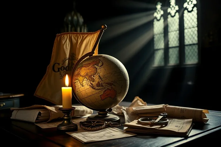 Un globo terráqueo antiguo, parcialmente oculto por una bandera desgarrada sin insignia, sobre un escritorio de roble. Brújulas de latón y mapas arrugados se esparcen, iluminados por una vela parpadeante que proyecta sombras dramáticas.