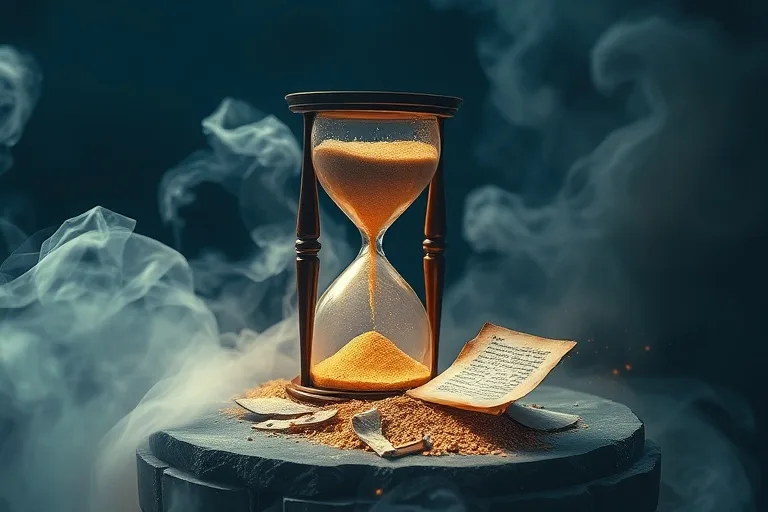 Un reloj de arena fragmentado y translúcido, con arena fluyendo hacia un vacío oscuro, rodeado de una niebla etérea y símbolos crípticos que flotan. El fondo es un azul cósmico, evocando misterio y tiempo.