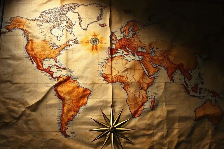 Ilustración conceptual de un mapa antiguo y descolorido con símbolos astrológicos y líneas de tiempo superpuestas, bajo una luz dramática que evoca misterio y profecía.