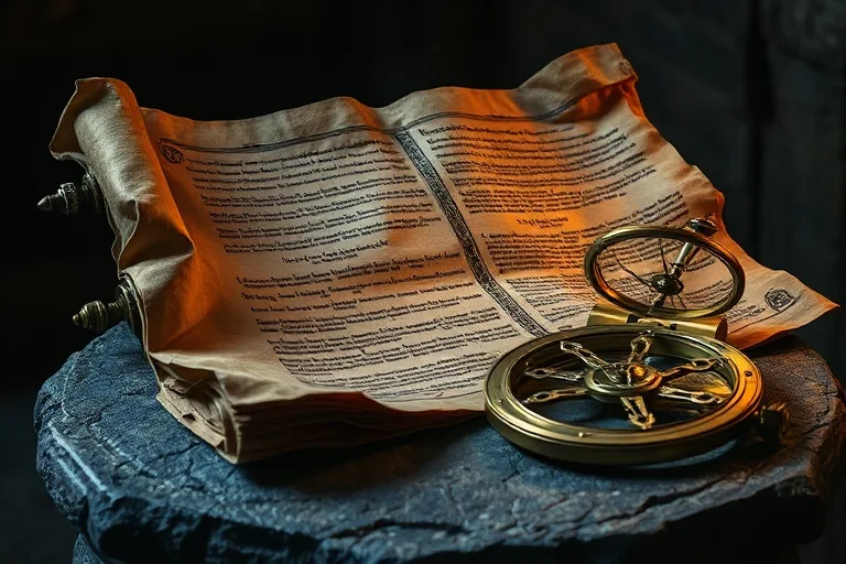 Un pergamino antiguo con símbolos crípticos y un astrolabio de latón, evocando el misterio de las profecías ancestrales.