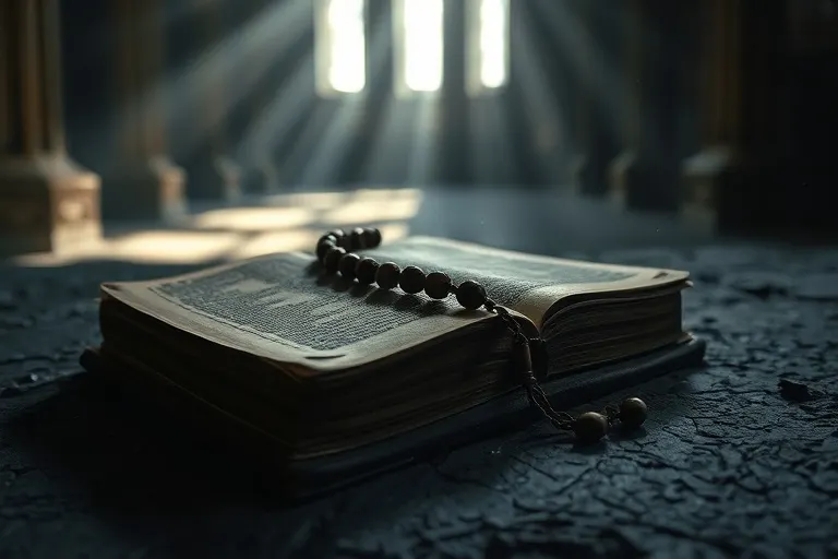Una Biblia antigua y un rosario, simbolizando la fe y la oración en el contexto de las profecías cristianas.