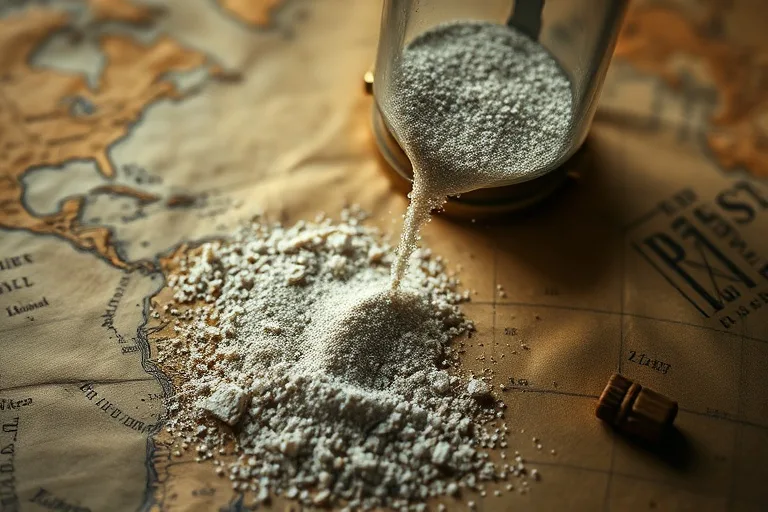 Representación conceptual de un reloj de arena roto sobre un mapa antiguo, simbolizando el paso del tiempo y la naturaleza efímera de las predicciones históricas.