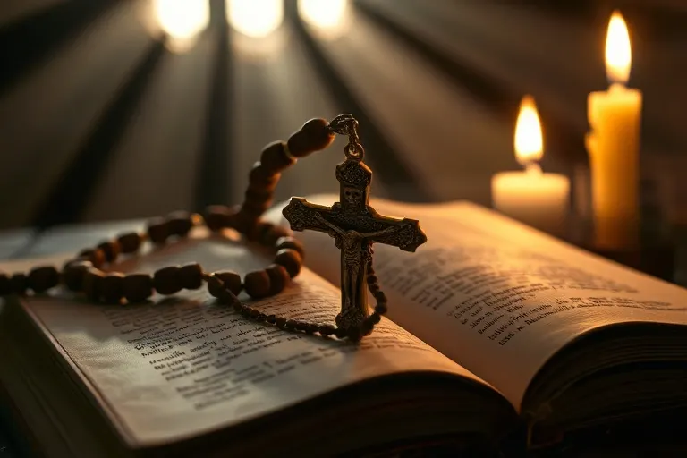 Rosario antiguo con un crucifijo detallado sobre un libro de oraciones abierto, iluminado por una vela parpadeante.