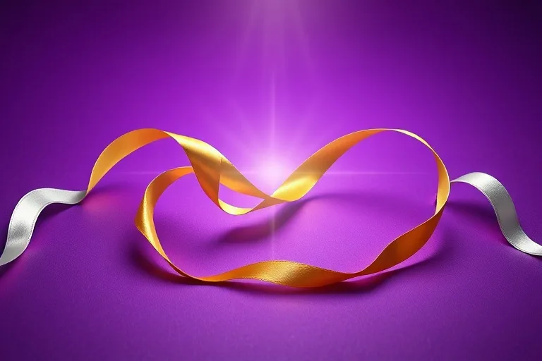 Cintas doradas y plateadas entrelazadas en un bucle infinito sobre un fondo morado, simbolizando la gracia y la confianza divinas.