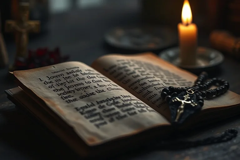 Fotografía macro de un libro de oraciones antiguo abierto y un rosario de madera bajo la luz de una vela, evocando devoción.