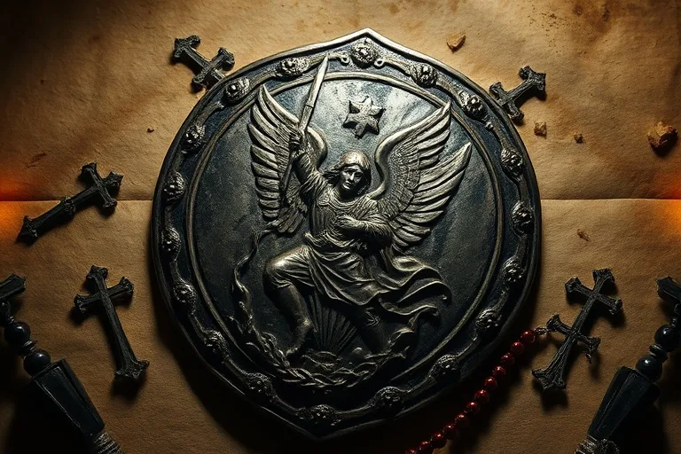 Escudo antiguo con la imagen de San Miguel Arcángel, rodeado de símbolos de protección y fe, sobre un fondo de pergamino desgastado. Detalle macro de un objeto inanimado.