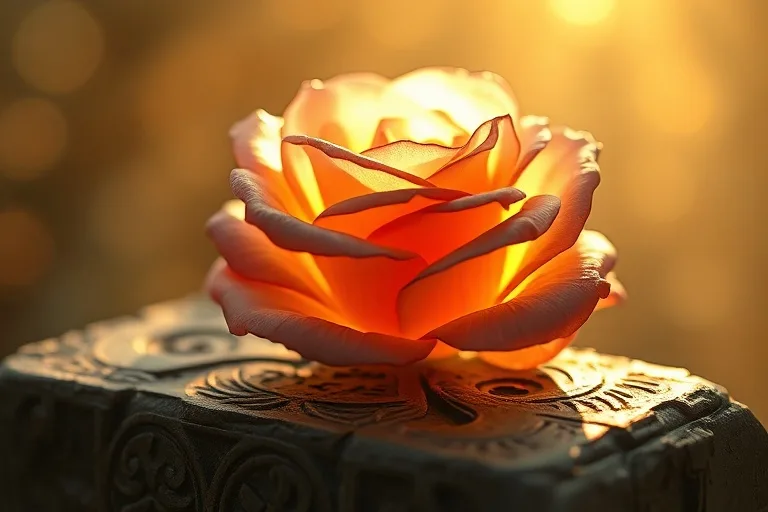 Una rosa translúcida y brillante, símbolo de las rosas de Tepeyac, sobre un altar de piedra antiguo.