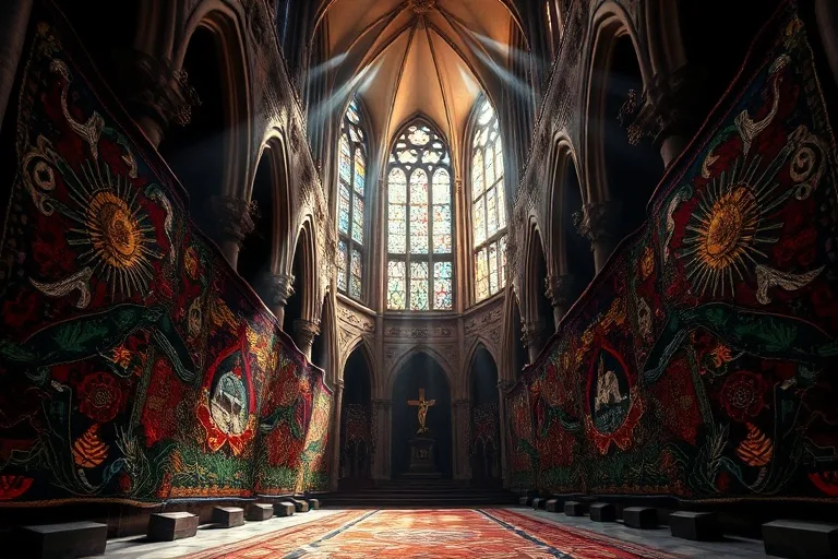 Primer plano de un textil indígena vibrante con motivos pre-hispánicos y símbolos cristianos entrelazados.