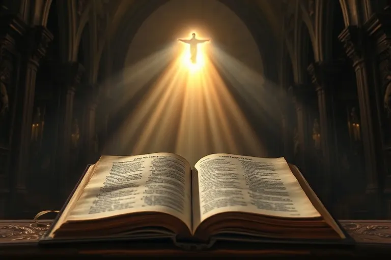 Libro de oraciones antiguo sobre un altar, con luz etérea