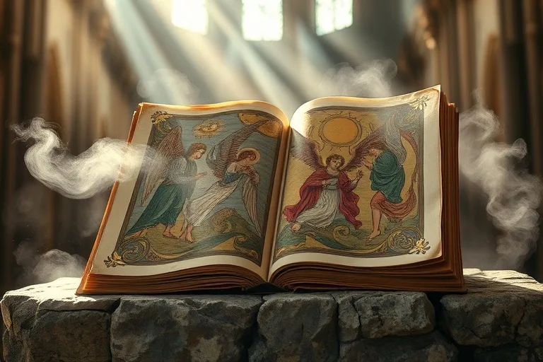 Fotografía macro de un antiguo manuscrito iluminado abierto con ilustraciones angélicas, rodeado de una niebla etérea sobre un altar de piedra.
