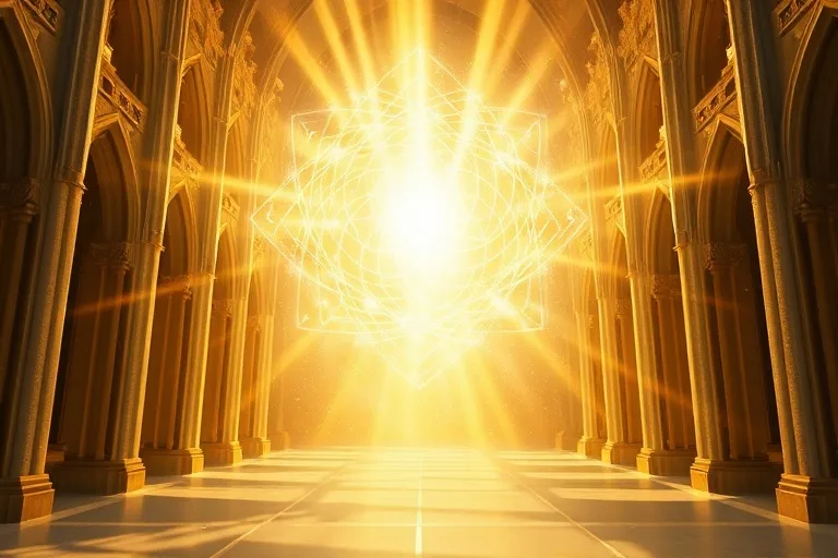 Ilustración digital 3D de un vórtice de luz dorada y polvo cósmico, con capas geométricas que representan la jerarquía, emanando de un punto central.