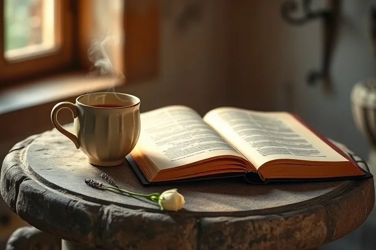 Bodegón de objetos cotidianos que simbolizan las bendiciones diarias, como una taza de té y un libro.