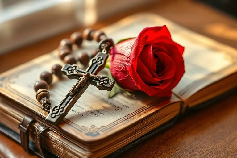 Rosario antiguo entrelazado con una rosa en flor sobre un libro de oraciones, simbolizando devoción y protección.