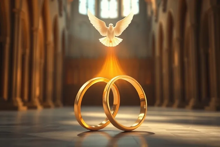 Dos anillos de boda dorados unidos por un hilo de luz, con una paloma estilizada flotando arriba, simbolizando unidad y gracia divina.
