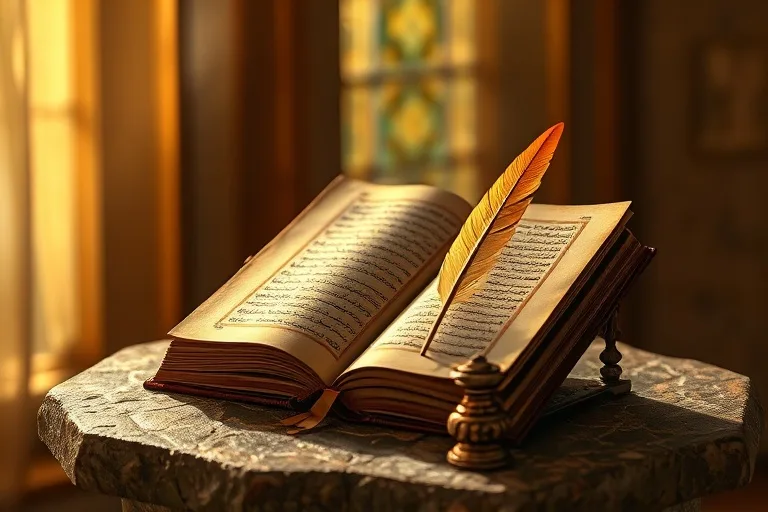 Libro de oraciones antiguo con pluma y luz suave