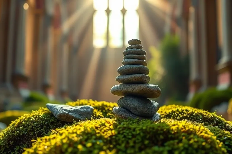 Piedras apiladas en equilibrio sobre musgo, luz suave
